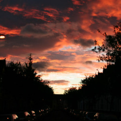 A sunset with many clouds in the sky and many trees visible