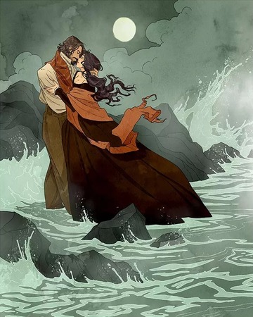 Artist Abigail Larson's depiction of the 'writer' character and Annabel Lee from Edgar Allen Poe's poem, Annabel Lee embracing by the ocean under the moon