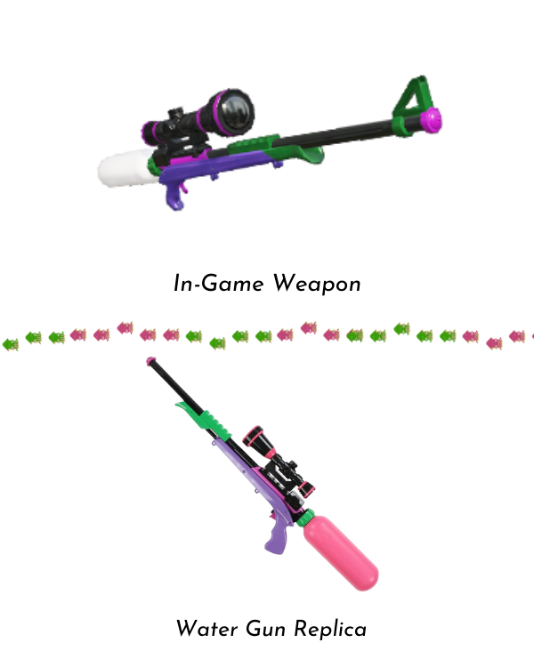 A stacked comparison of the in-game Splatoon Splatterscope weapon and Sun Art's water gun replica