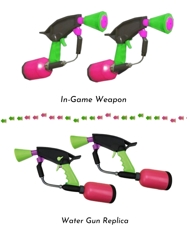 A stacked comparison of the in-game Splatoon Splat Dualies weapon and Sun Art's water gun replicas