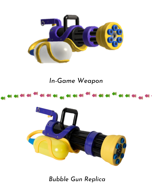 A stacked comparison of the in-game Splatoon Mini Splatling weapon and Lyric's bubble gun replica