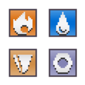 Pixel art showing Pokemon type icons of fire, water, ground, and steel types