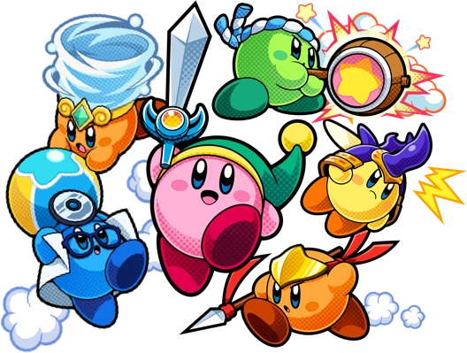 Multicolored Kirbys showing sword, doctor, tornado, spear, hammer, and beetle abilities.